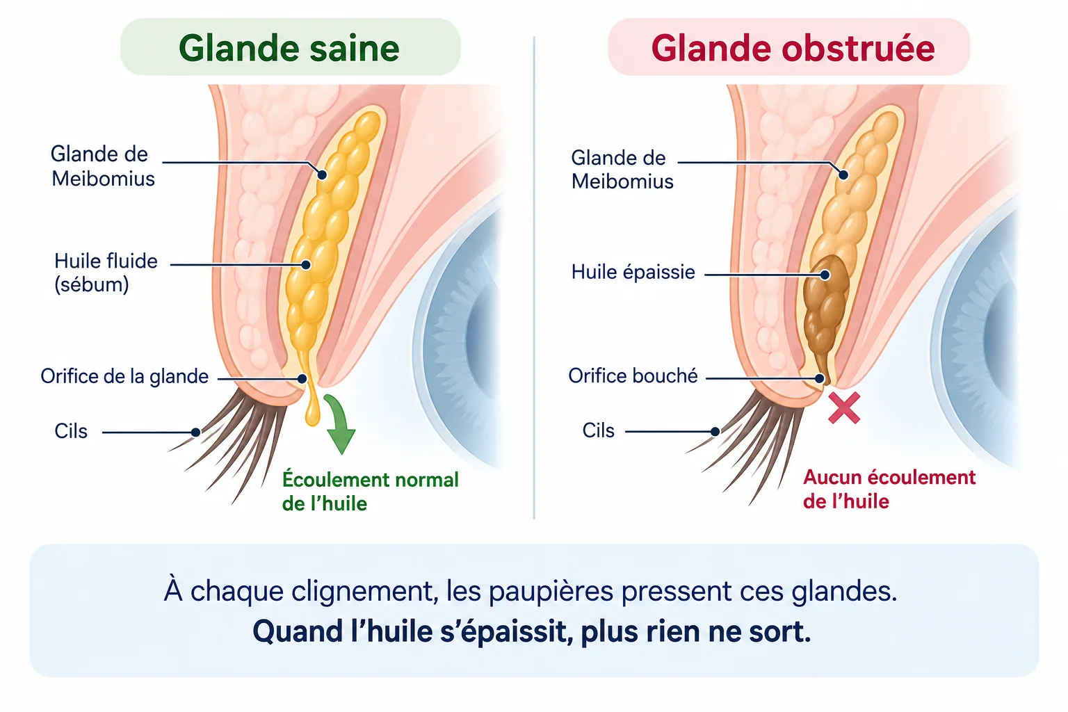 Comparaison entre une glande de Meibomius saine et une glande obstruée par une huile épaissie