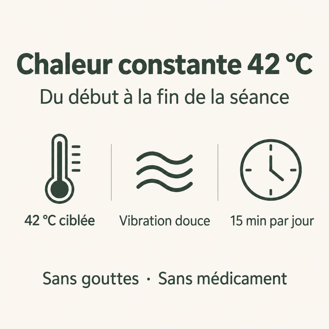 Chaleur constante à 42 °C, vibration douce et séance de 15 minutes